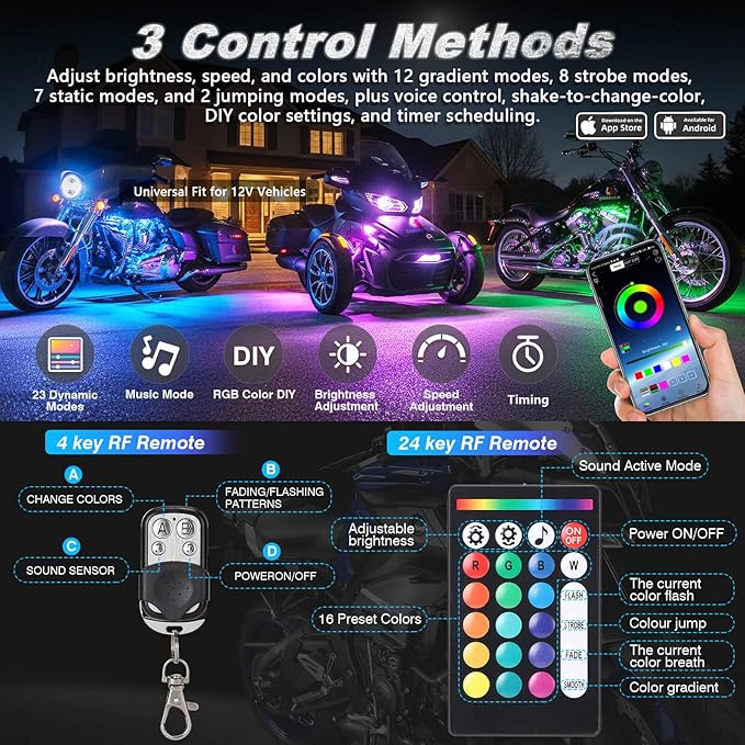 18PCS Motorcycle RGB LED Light Kit with Brake Turn Signal, Multicolor Underglow Lights with APP/RF Remote, Neon Accent Lights Dual Zone Waterproof 12V for Touring, Bagger & Large Cruiser Motorcycle