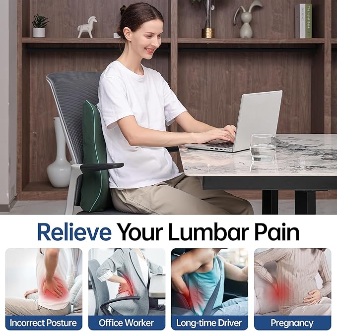 Lumbar Support Pillow for Office Chair, Back Support Pillow with Memory Foam, Relieves Back Pain, Removable Washable Cover & Adjustable Strap, for Car/Gaming Chair,Gift-Dark Green
