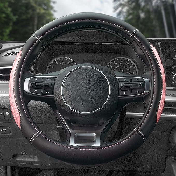 FH Group Universal Fit Ultra Grip Silicone and Faux Leather Steering Wheel Cover fits Most Cars, SUVs Pink