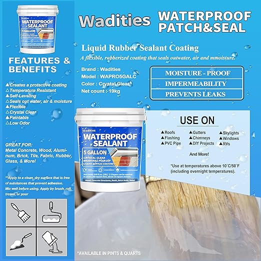Liquid Waterproof Sealant Clear - 5 Gallon, Wadities Wall Bathroom Roof Water-Based Waterproof Coating, Invisible Repairing Leak Patch & Seal Liquid Rubber Sealant for Indoor and Outdoor