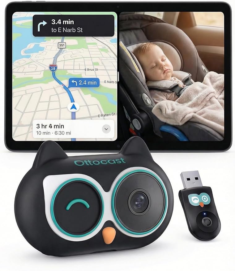 OTTOCAST Cabin Care Baby Car Camera 2026,Uses Your Car's Built-In Screen,No Extra Screen Needed,Split Screen for CarPlay and Baby View,No-Glow Night Vision,Plug&Play,150°Wide Angle(No Android Support)