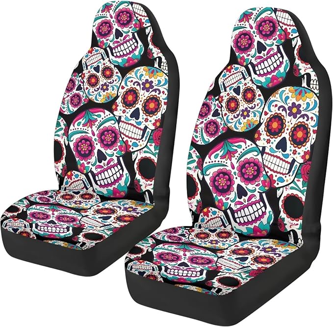 Sugar Skull Car Seat Covers Breathable Front Seat Covers Easy Installation Stretch Polyester Fabric Cover Protection Interior Accessories Universal Fit Most Cars,SUV, Trucks