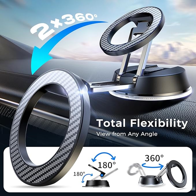 ACMEZING NeverFall Car Phone Holder for MagSafe [78+LBS Ultra Grip | 2400gf Magnetic Power] 360° Foldable Car Mount Cell Phone Holders for Your Car for iPhone 17-12 All Smartphones, Carbon Fiber