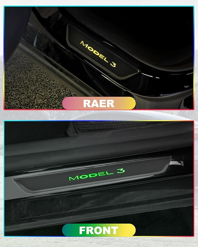 LED Door Sill Lights for Tesla Model 3 2017-2025 Accessories, ABS Scratch-Resistant Sill Protector with 7-Color RGB Lighting, Battery Powered Model 3 Pedal Mood Lamp, Carbon Fiber, 4PCS