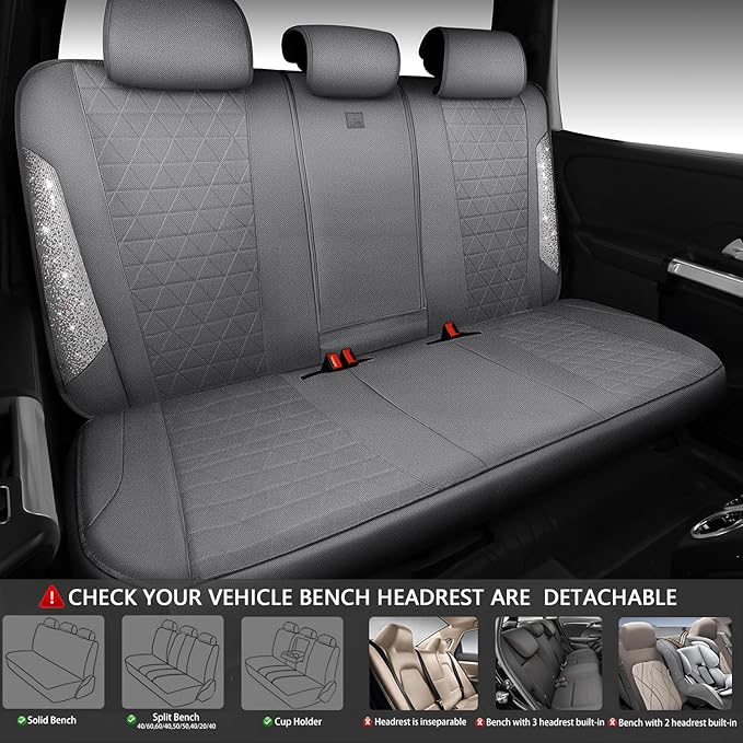 CAR PASS Gray Oxford Bling Diamond Car Seat Covers Full Set Interior Sets, Waterproof Shining Glitter Sparkly Crystal Universal Armrest Fit 95% Automotive Truck SUV Cute Women Girl, Gray Rhinestone