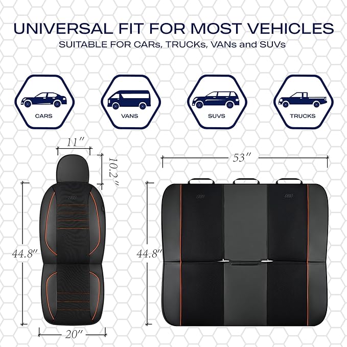 Skechers Air-Cooled Memory Foam Seat Covers,Mesh Thick Car Seat Covers,Piping Leather Car Seat Cover,Airbag Compatible,Automotive Comfort for Most Cars, Vans, Trucks, SUV(Orange, Full Set)