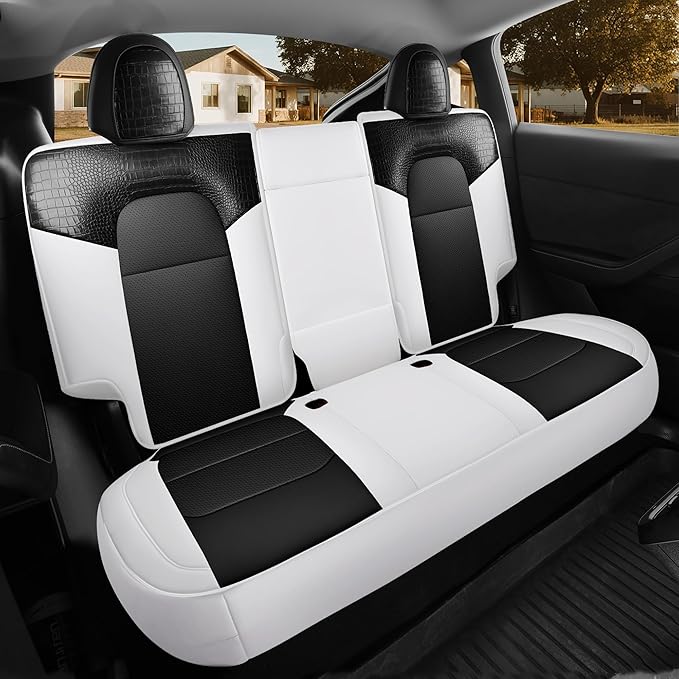 for Tesla Model Y Seat Cover Customized Fit 2020 2021 2022 2023 2024 Black Crocodile Leather and Nappa Leather Splicing Seat Cover Full Set (Crocodile Black)