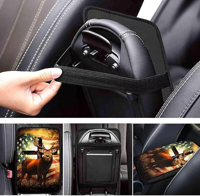 Suobstales Deer Cross American Flag Print Car Armrest Pad Soft Center Console Arm Rest Protector Cover Universal Car Interior Accessories Decoration