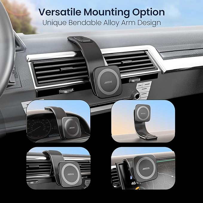 aetos for iPhone MagSafe Car Mount Phone Holder Fits iPhone 17/16/15/14/13/12 Pro/Plus/Max and Android Phones with Ring Adaptor. 360° Rotating Head & Bendable Alloy Arm for a Simplicity Modern Design