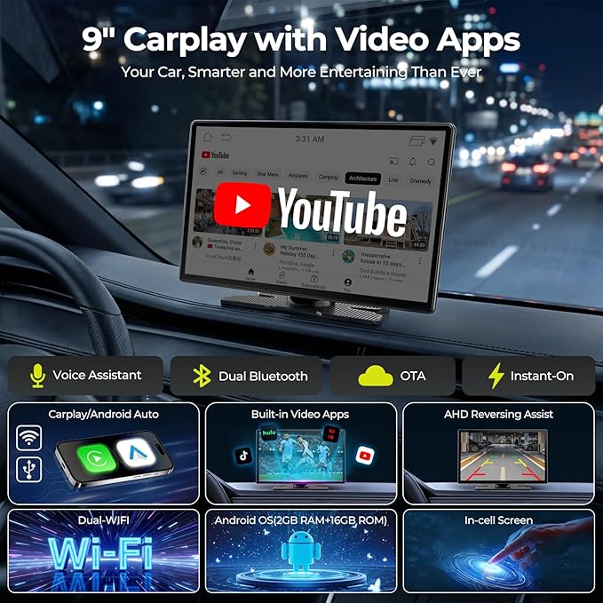 LAMTTO 9" Wireless CarPlay Screen with Net-Flix YouTube Apps Portable Car Play Screen for Apple Carplay and Android Auto with Backup Camera Navigation Bluetooth Voice Control AUX Siri