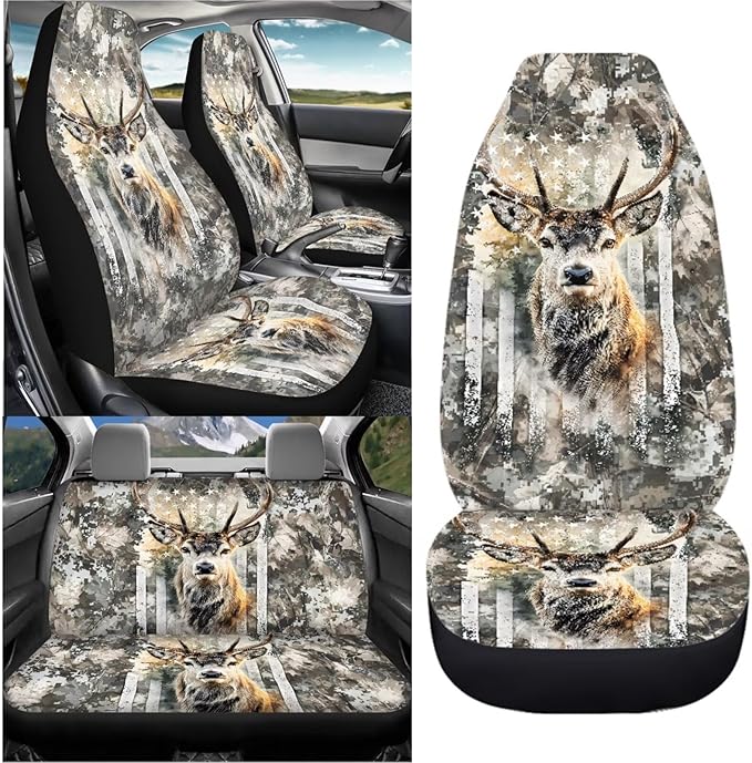 KEIAHUAN Car Seat Cover Full Set of 4 for Men Front Saddle Blanket Rear Split Bench Protection Cover Car Interior Accessories Decoration Fit Most Trucks, SUV or Vans American Flag Camo Deer Hunting