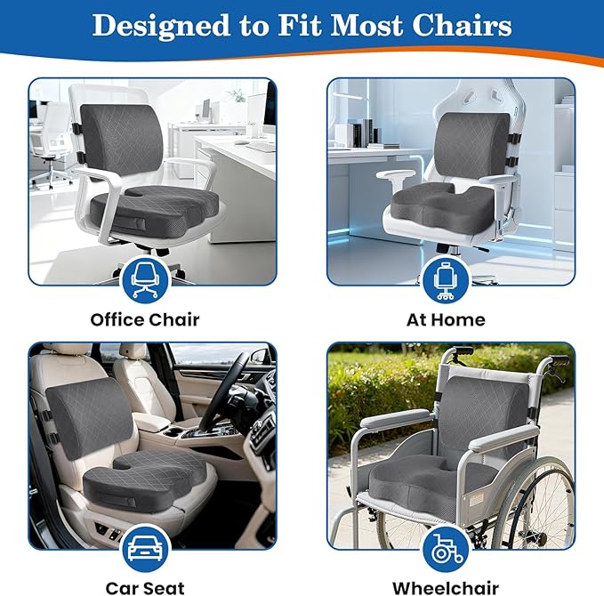 TushGuard Back&Seat Cushion, Car Seat Office Chair Cushions, Memory Foam Lumbar Back Support Pillow, Portable Airplane Seat Cushion for Travel, Computer Desk, Wheelchair, Driving (Grey, X-Large)