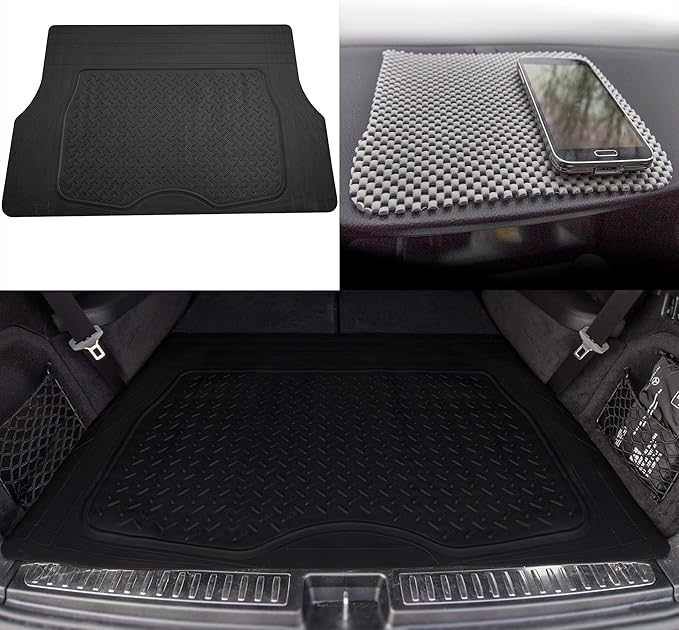 TLH Premium Trimmable Black Cargo Mat Car Trunk Liner Universal Fit Set w/Gray Dash Pad, Trimmable Automotive Floor Mats, Climaproof™ Floor Mats for Most Sedan, Cars, SUV, Truck Floor Mats.