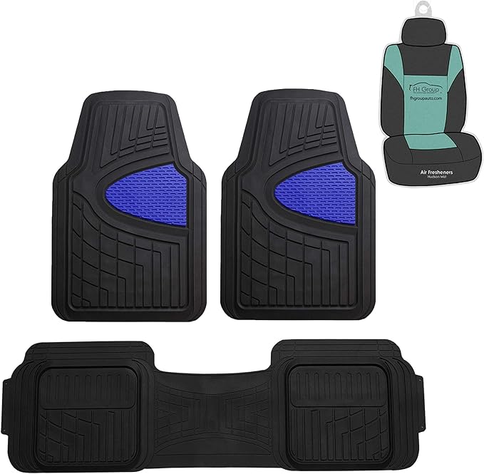 FH Group Automotive Floor Mats Tall Channel Blue Universal Fit Full Set Climaproof™ for Most Sedan, SUV and Trucks, Trimmable Rubber Combo Small Car Seat Cover Design Heavy-Duty Floor Mats for Car