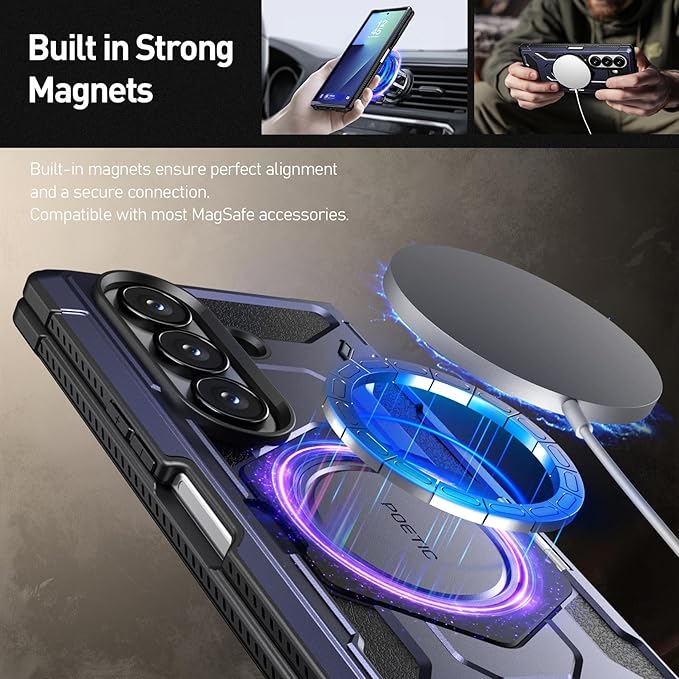 Poetic Spartan for Samsung Galaxy Z Fold 7 Case, [Hinge Protection][Magnetic Ring Adjustable Stand][Built-in Screen Protector][Compatible with MagSafe] Full-Body Rugged Phone Case, Midnight Blue