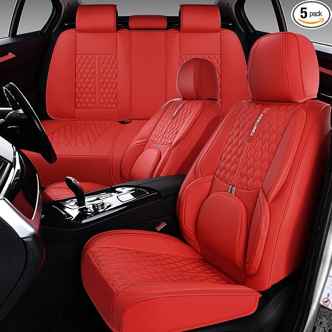 Car Seat Cover Set, Red Seat Covers, Automotive Interior Accessories, with Lumbar Support, Premium Nappa Leather, Waterproof, Protects and Upgrades Your Car Interior, Fits Most Vehicles