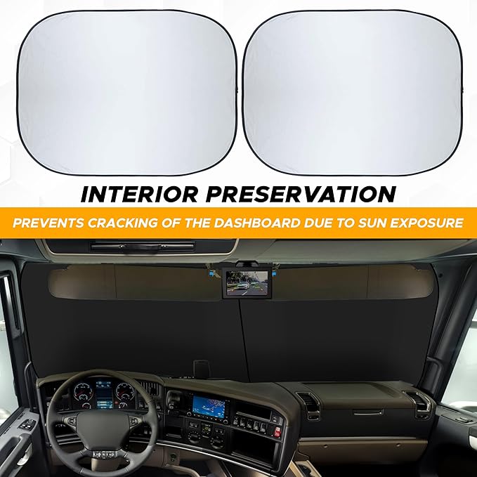 EcoNour Semi Truck Windshield Sunshade, Foldable 2-Piece Car Sunshade Reflects UV and Heat, 240T Polyester Silver-Coated Sun Shade for Semi Trucks and Large Vehicles, Front Window Sun Shade 40 x 32 In