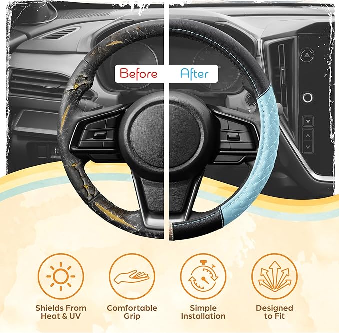 BDK C&C California Car Steering Wheel Cover Blue Diamond Quilt, Non Slip Leather Steering Wheel Cover for Women Men, Cute Comfortable Soft Easy Installation Universal Fit (Fits 14.5"-15.5" Inches)