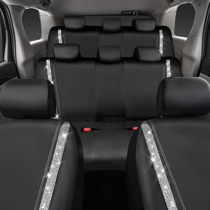 CAR PASS Bling Diamond Car Seat Covers, Shining Rhinestones Waterproof Faux Leather, 8 Seats 3 Rows with Zipper Glitter Crystal Sparkle Strips Universal Fit 95% MPV,SUV,CAR for Women Girl, Silver