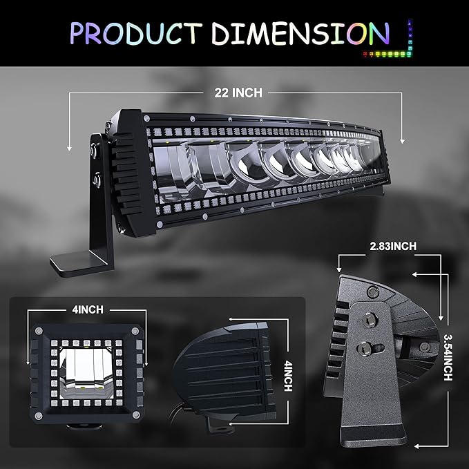 22" Curved RGB LED Light Bar 2X 4 Flood LED Pods with Chasing RGB Halo 16 Solid Colors Offroad Driving Fog Lights with Switch Wiring Harness