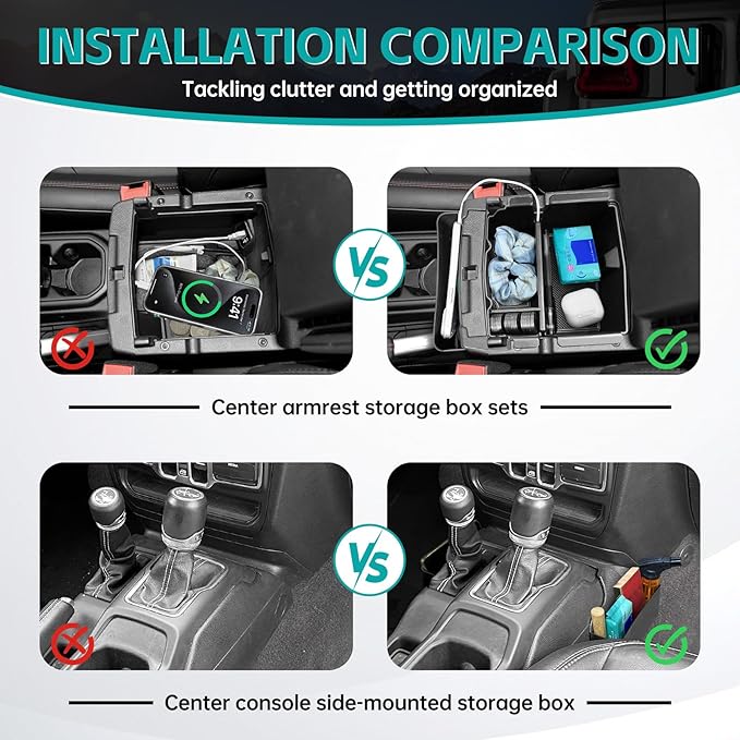 3PCS Center Console Organizer Combo Kit Compatible with 2018-2026 Jeep Wangler JL JLU 4xe Rubicon Sahara & Gladiator JT Accessories, Insert/Hanging Armrest Storage Box & Gear Shift Side Tray