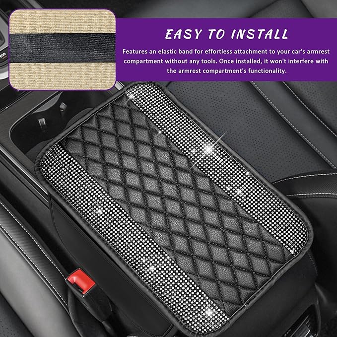 Sun Walker Bling Car Center Console Cover, Anti-Scratch Car Armrest Seat Box Cushion Pad with 2 Storage Bags, Leather Middle Console Protector Crystal Interior Accessories for Most Cars (White)