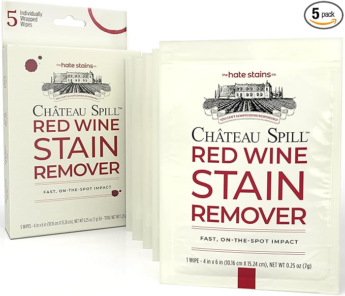 Chateau Spill Red Wine Stain Remover Wipes - 5 Count Individually Wrapped to go Wipes for Stubborn Stains on Clothes, Tablecloth, Carpet, Upholstery and Laundry