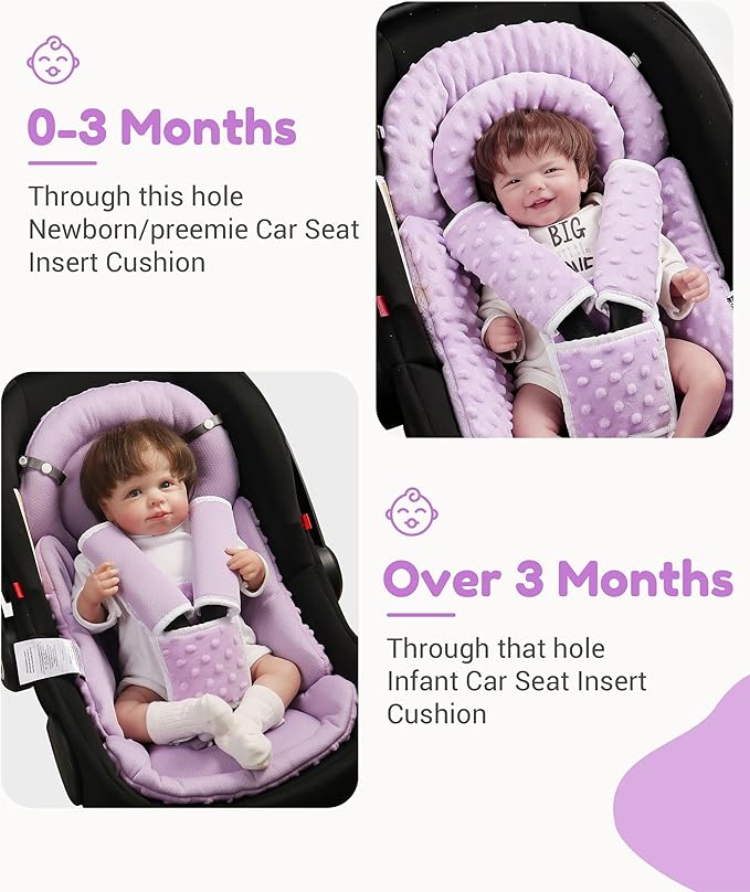 Infant Car Seat Insert with Removable Cushion for Baby Preemie Newborn Infant, Reversible carseat Insert Head Body Support Fits for Stroller, Baby Swing, Rocker, Bouncer, Bassinet - Purple