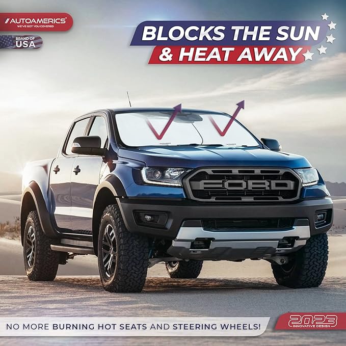 Autoamerics Windshield Sun Shade 2-Piece Foldable Car Front Window Sunshade for Full Size SUV Truck Tesla - Auto Sun Blocker Visor Protector Blocks Max UV Rays and Keeps Your Vehicle Cool - Large Fit