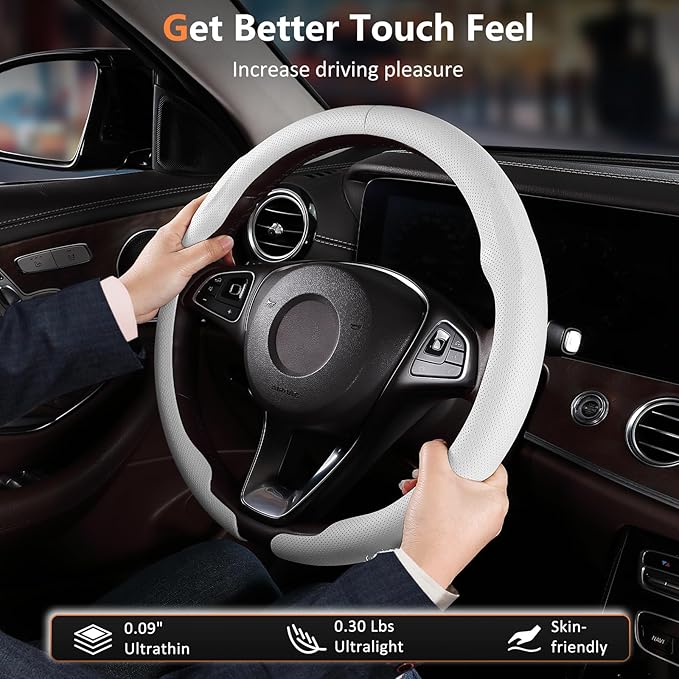 Aimato Car Steering Wheel Cover 2 Piece Non-Slip Clip on Microfiber Leather Steering Wheel Cover,Ultra-Thin Breathable,Universal Fit 14.5"-15" Wheel,White