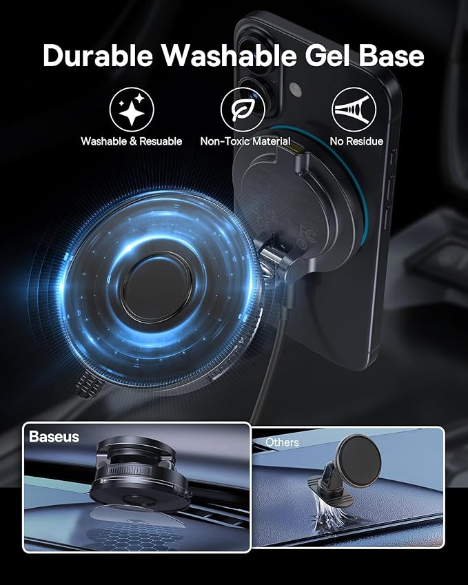 Baseus Vacuum 15W for Magsafe Car Mount Charger, 119LBS Suction Cup 720° Adjustable Magnetic Car Charger Phone Holder, Foldable Cell Phone Holder with Reusable Washable Gel for Car & for 17to13 iPhone