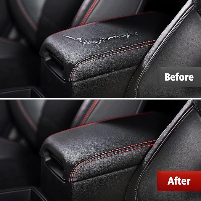 KBH Center Console Armrest Cover Replacement for Toyota Camry 2012 2013 2014 2015 2016 2017, Vinyl Leather Arm Rest Skin Upholstery, Black-Red Stitch (Leather Part Only)