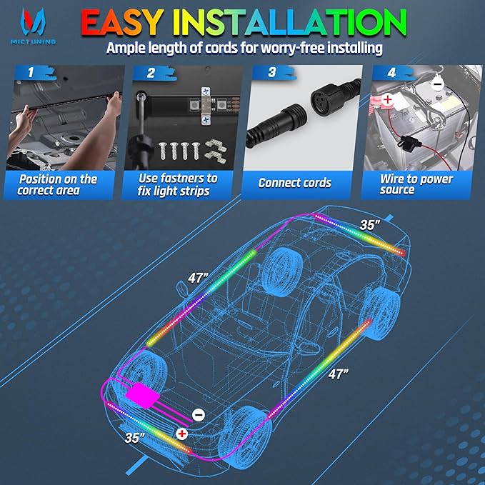 MICTUNING N3 Car Underglow Light Strip Kit, Chasing Dream RGB+IC LED, Exterior Lighting Accessories Underbody Multicolor Neon Accent Light Bar, App Control, IP68 Waterproof, 4PCS 2 Years Warranty