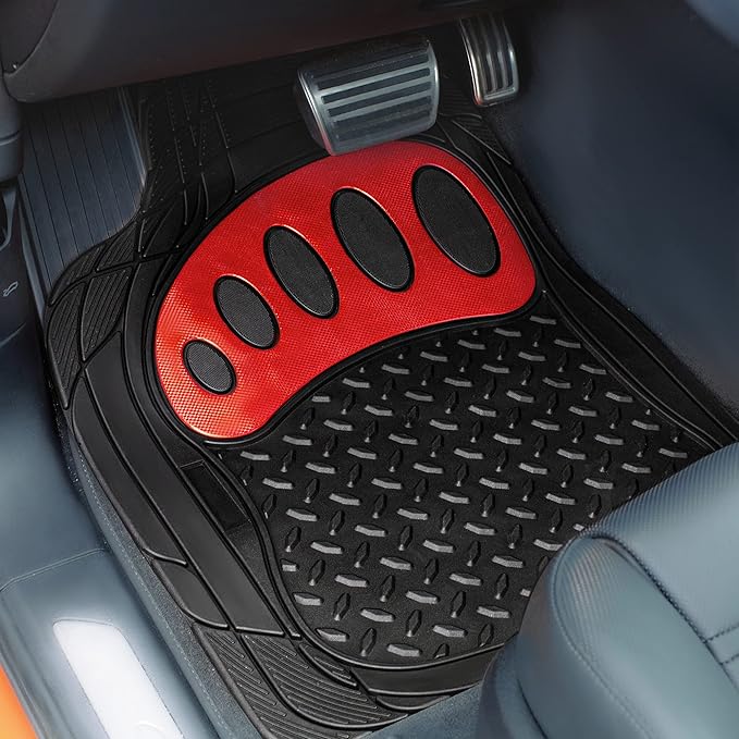 FH Group Automotive Floor Mats - Heavy-Duty Footprint Design Rubber Floor Mats for Cars, Universal Fit Full Set, Climaproof Floor Mats, Trimmable Floor Mats for Most Sedan, SUV, Truck Floor Mats Red