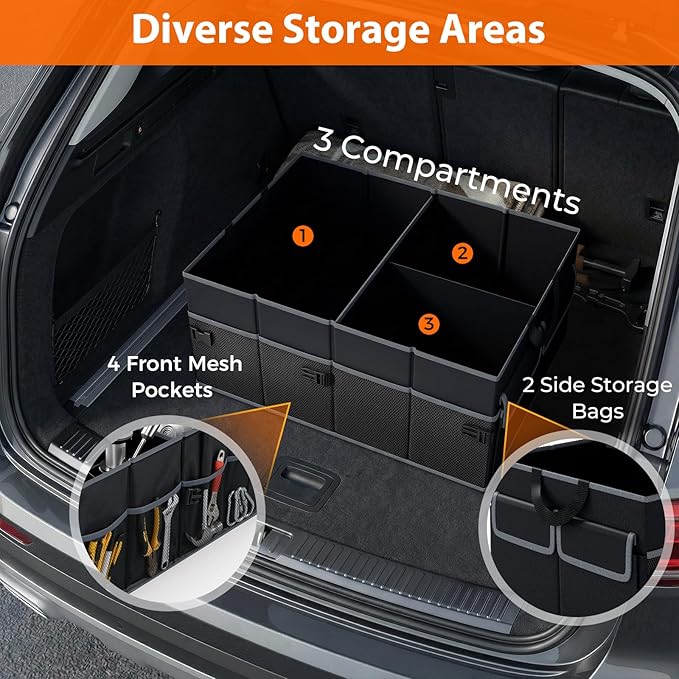 Goplus Collapsible Trunk Organizer, 13 Gallon Foldable Car Storage Organizer with Extenable Compartments, Pockets, Securing Straps, for SUV Van Sedan Truck, 22" x 16" x 10"