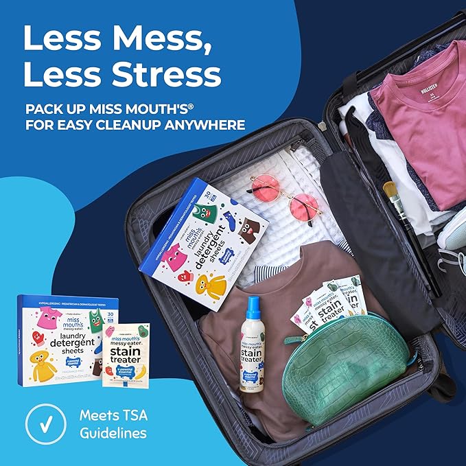Miss Mouth’s Messy Eater Stain Treater Stain & Suds Duo Pack - 3 Pack Spray and 30 Pack Detergent Sheet bundle - Newborn & Baby Essentials - Food, Grease, Coffee Off Laundry, Underwear, Fabric