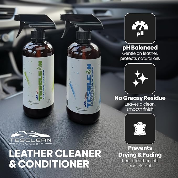Tesla Leather Seat Cleaner & Conditioner, Made in the USA, Tesla Cleaning Kit Interior V egan Conditioner Electric Vehicle Interiors, Fits Model S, 3, X, Y (2026), Includes Microfiber Cloth & Sponge