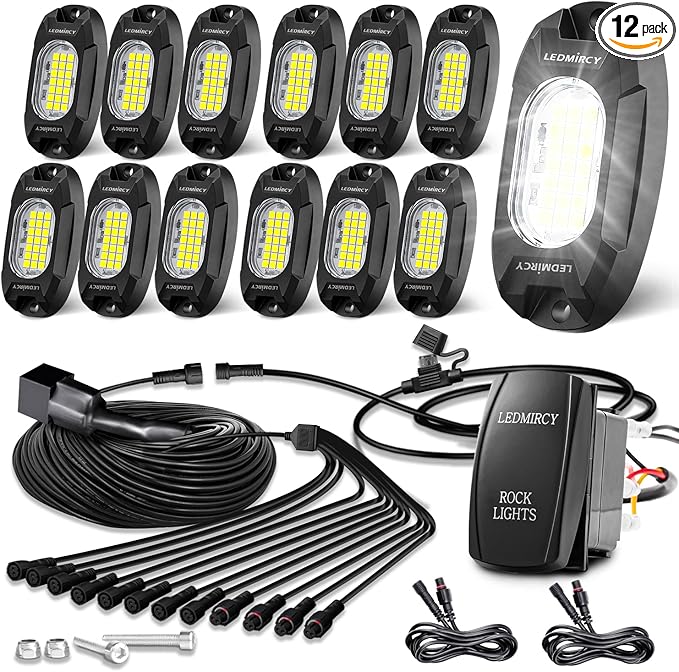 White Rock Lights,LEDMIRCY R6 LED Pure White Rock Lights 12PCS with Rocker Switch Wire Harness Kit for Trucks UTV Off Road Boat ATV Luces para Carro Super Bright High Power Light Waterproof Shockproof