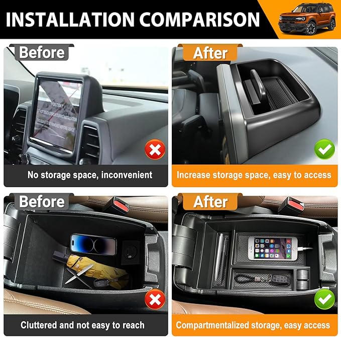 Center Console Organizer Compatible with 2021-2024 Ford Bronco Sport CX430 Dash Storage Tray Armrest Storage Organizer Dashboard Box for Bronco Sport Accessories(Armrest+Dash Storage Tray)