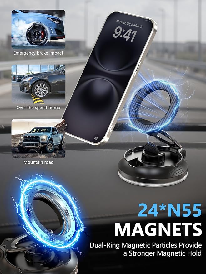 Magnetic Phone Holder for Car [90+LB Strongest Suction&3000gf Strongest Magnetic] 360° Adjustable Vacuum Phone Holders for Your Car, Magsafe Car Mount for iPhone (Black)