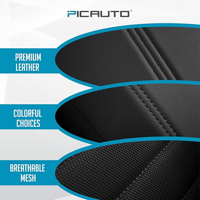PIC AUTO Car Seat Cover, Premium Leather & Breathable Mesh Design, Front & Rear Full Set Bucket Seat Covers, Universal Fit for Cars, Trucks, Vans, SUVs, Airbag Compatible (Black)