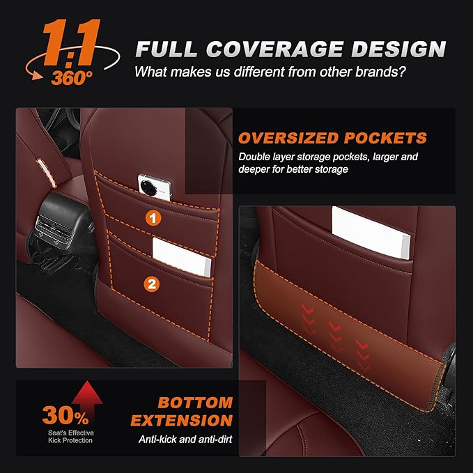 AOMSAZTO Seat Covers for Model 3 2017-2023-Full Set Leather Waterproof Car Seat Covers Airbag-Ready Design Custom Fit for Tesla Model 3(with Armrest & Rear Door Pads Cover)-Wine Red