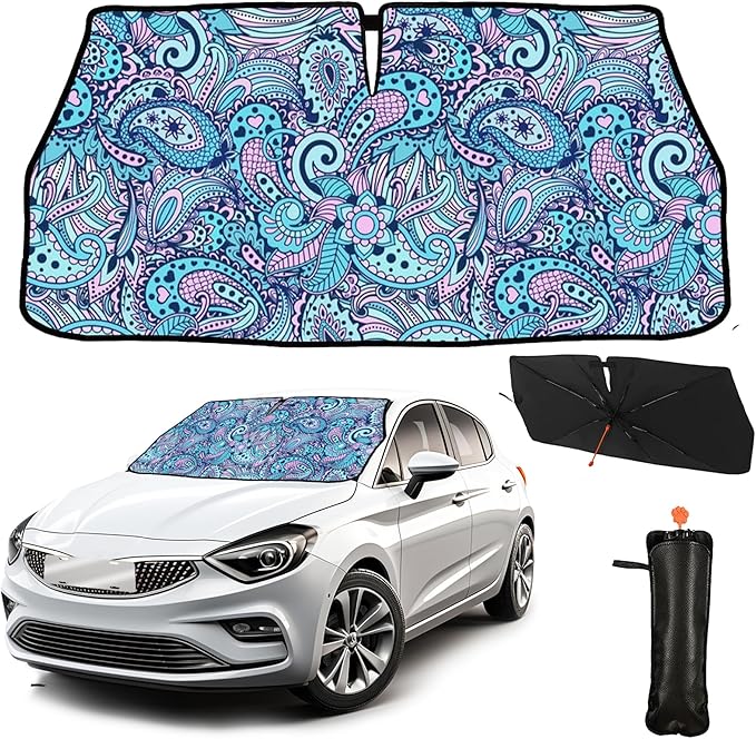 CHILL·TEK Funny Car Windshield Sun Shade Umbrella, 70s 80s Flower Car Sun Shade Umbrella, Block UV Rays Heat Foldable Windshield Umbrella Sun Visor Protector - Keep Vehicle Cool for Cars SUV