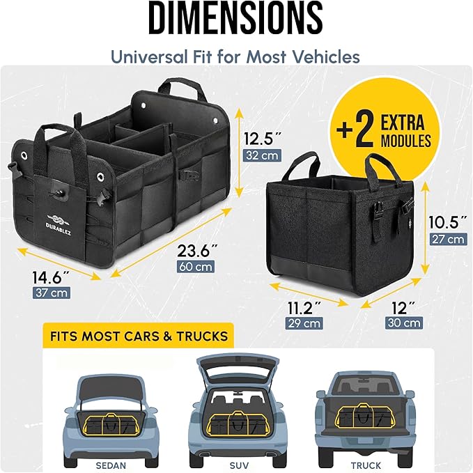 Trunk Organizer 5-Section Modular XL Car Storage System – Extra Large Cargo Organizer for Car Trunk, Foldable Multi-Compartment Auto Organizer, Heavy Duty Oxford 1680D – Black