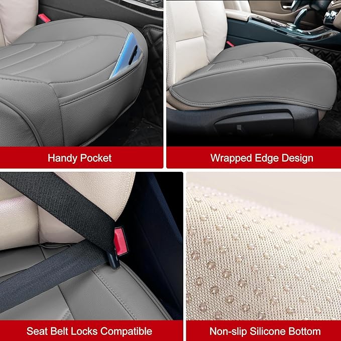 Car Seat Cover for Luxury & Comfort - PU Leather, Anti-Slip, Full Wrap Protection with Storage Pocket for Bottom Cushion - Universal Fit for 95% of Vehicles (Gray,2 Piece)