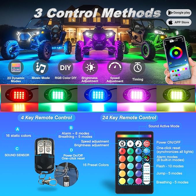 4Pods Segmented RGB LED Rock Lights Kit for ATV UTV 4 Wheeler Can-Am SXS RZR Side By Side Offroad Golf Cart with APP/RF Remote, Multicolor Underglow Accent Light Waterproof Vehicle Music 12V Underbody