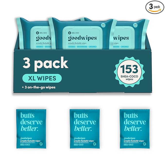 goodwipes Flushable Butt Wipes - Vitamin E & Aloe - Sewer & Septic Safe - Extra Large Adult Wet Wipes For Women & Men - Bathroom Essentials - Shea-Coco, 153 Count (3 Packs + 3 Individually Wrapped)