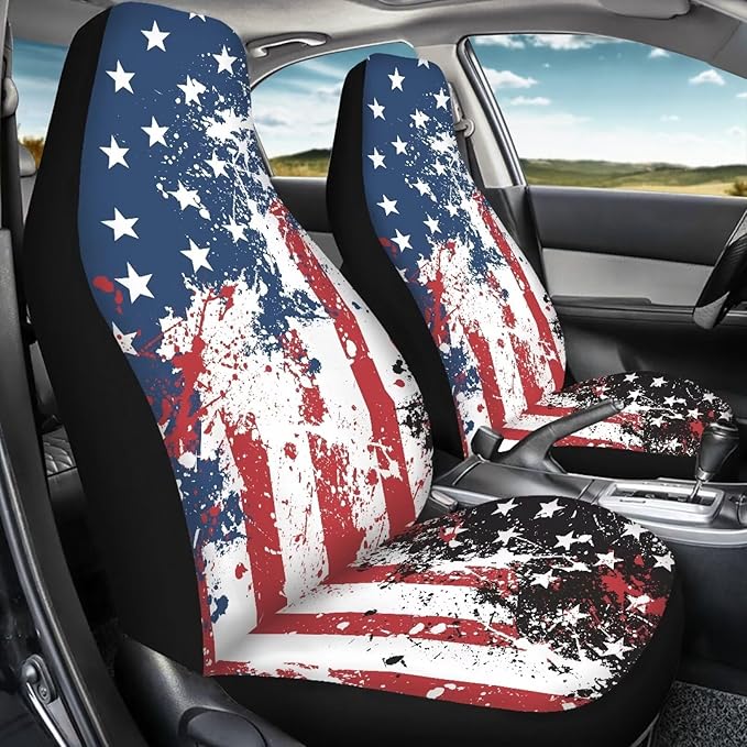 ELEQIN America Flag 2 Pack Front Car Seat Covers Universal Seat Protector Car Interior Decor Mat Covers for Auto SUV Van Truck Car Interior Decor