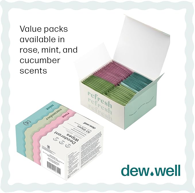 Dew Well Deodorant Wipes - On-the-Go Travel Deodorant - Fresh Mint, Rose & Cucumber Scents Body Wipes for Women - Aluminum, Paraben & Sulfate Free Mini Toiletries - 50 Count, Mint/Rose/Cucumber