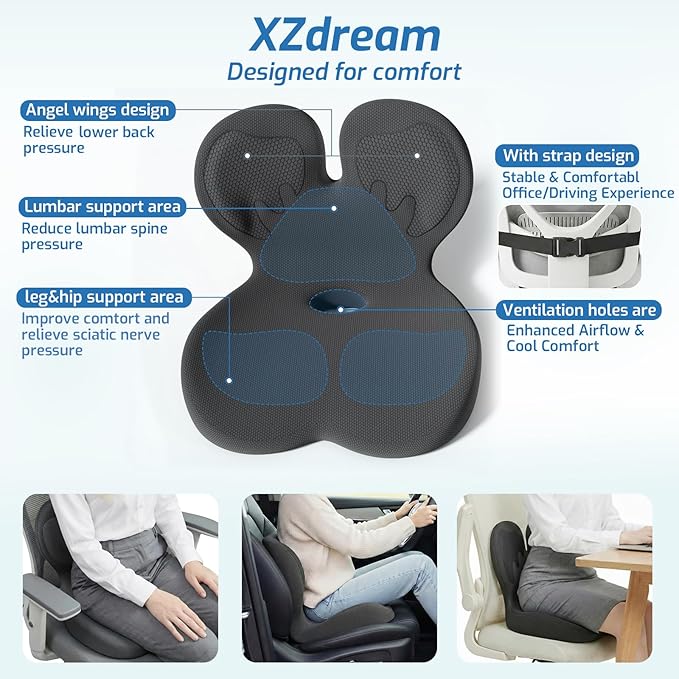 Ergonomic Seat Cushion,Office Chair Cushion with Lumbar Support Pillow,Memory Foam Car Seat Cushions,Designed for Sciatica, Tailbone,Back Pain,Back Cushion for Office,Car,Home Desk Chair